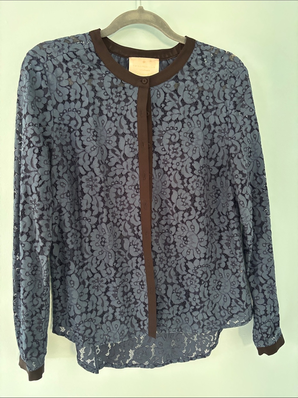 Lace Long-Sleeve Blouse in Navy with Contrast Trim